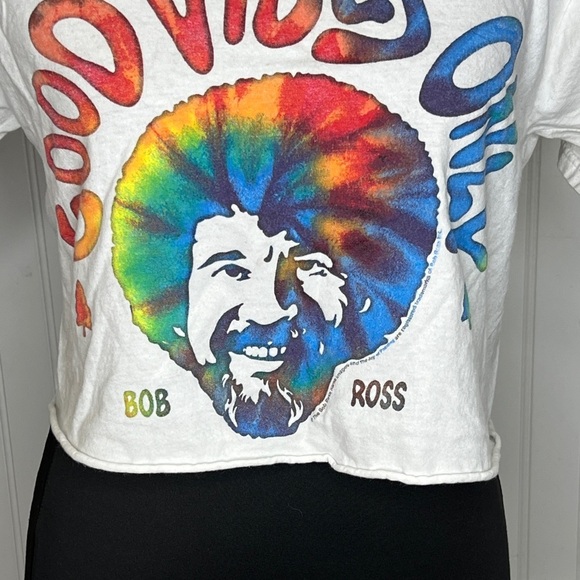 White 'Good Vibes Only' Bob Ross Crop T-Shirt Size Small - Picture 3 of 5
